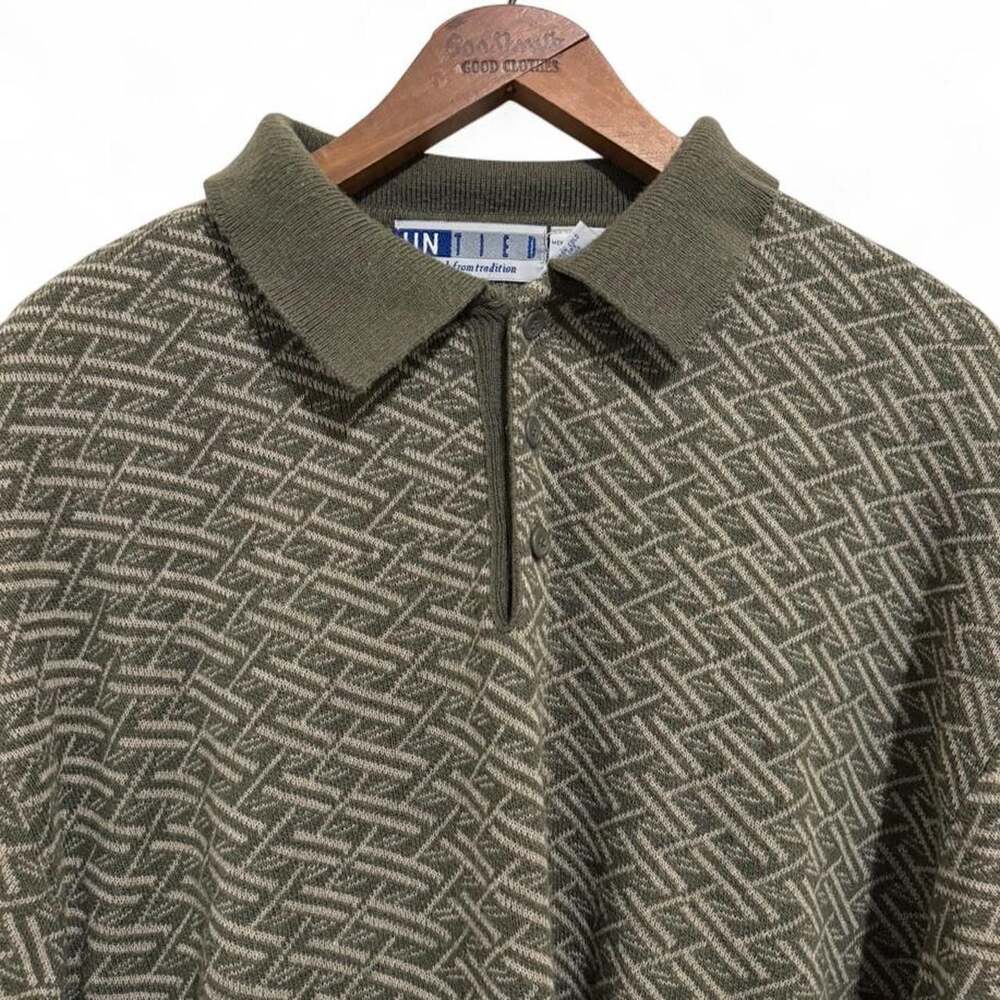 Vintage Untied A Break From Tradition Olive Green Geometric Knit Polo XL